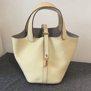 Structured Cream Pebbled Leather Tote with Gold Accent